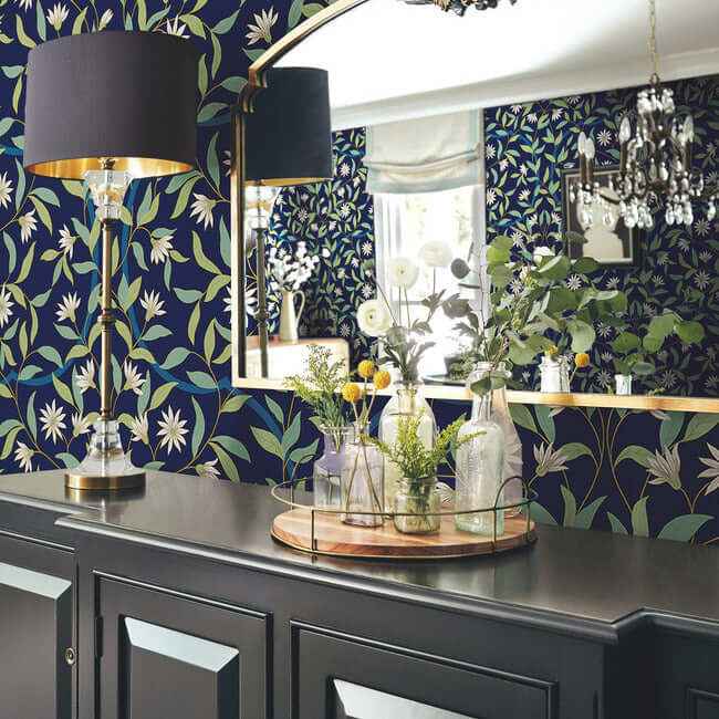 Jasmine Blue Metallic Wallpaper - York Wallcoverings - GO8251
