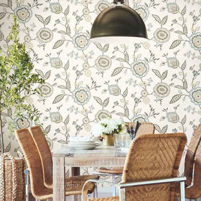 Dahlia Blooms Off White & Blue Wallpaper - York Wallcoverings - GO8234 - York Wallcoverings Wallpaper