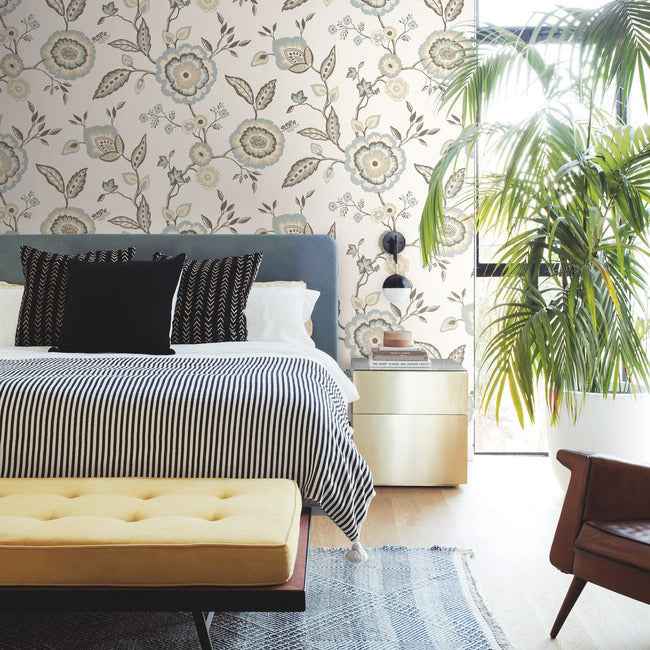 Dahlia Blooms Off White & Blue Wallpaper - York Wallcoverings - GO8234 - York Wallcoverings Wallpaper