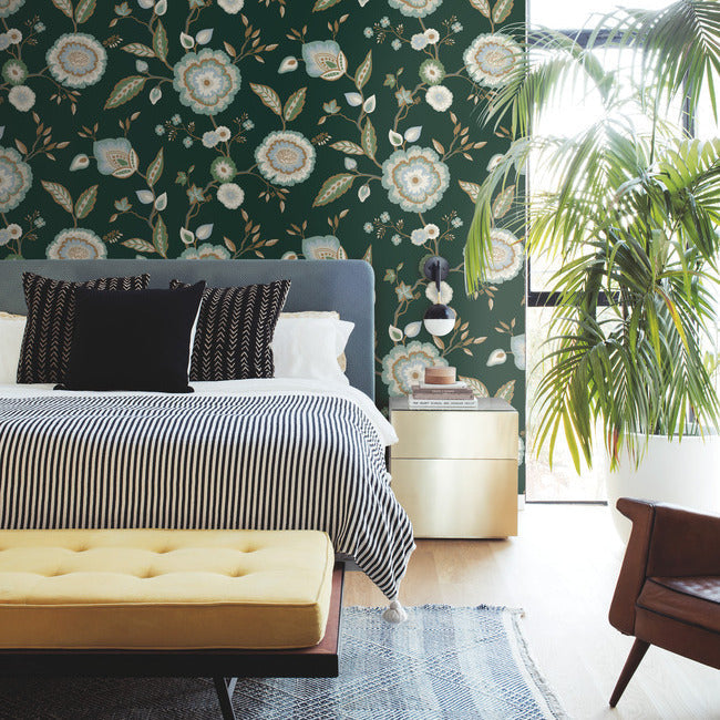 dahlia-blooms-wallpaper-forestseafoam-york-wallcoverings-go8236 - York Wallcoverings Wallpaper