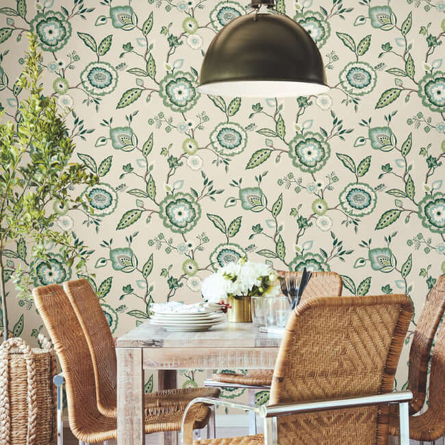 dahlia-blooms-green-beige-wallpaper-york-wallcoverings-go8233 - York Wallpaper Wallpaper