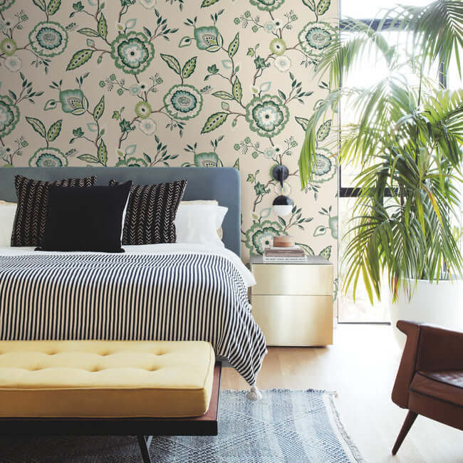 dahlia-blooms-green-beige-wallpaper-york-wallcoverings-go8233 - York Wallpaper Wallpaper