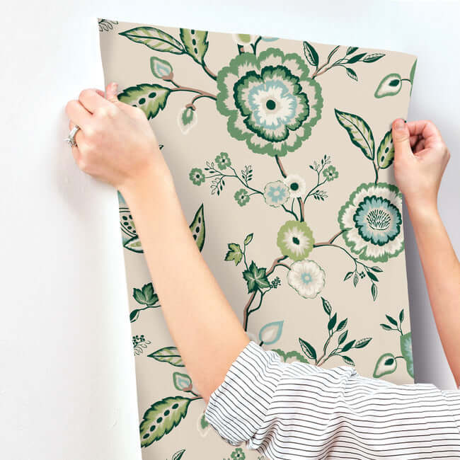 dahlia-blooms-green-beige-wallpaper-york-wallcoverings-go8233 - York Wallpaper Wallpaper