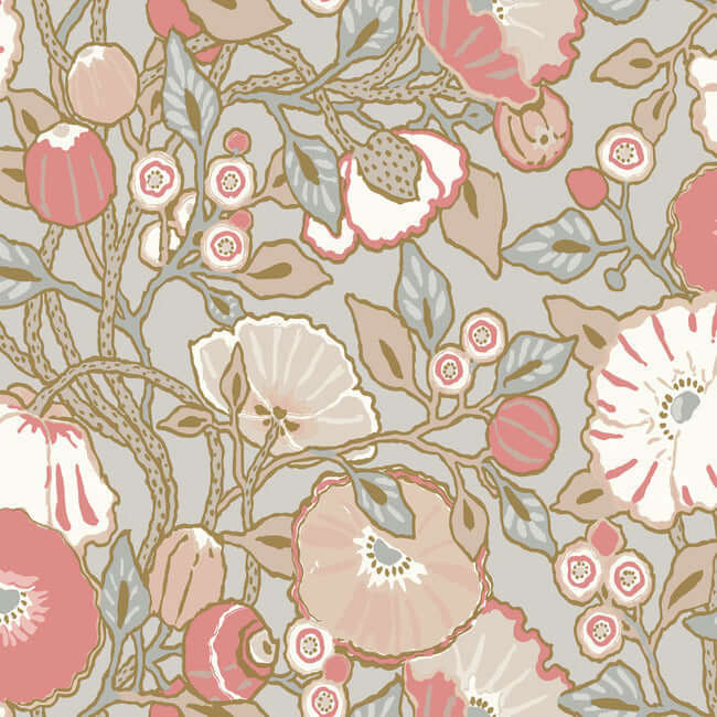 poppies-grey-pink-metallic-wallpaper-york-wallcoverings-go8314 - York Wallcoverings Wallpaper