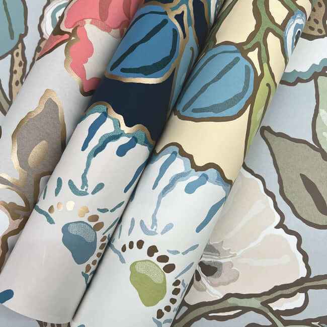 Poppies Grey & Pink Metallic Wallpaper - York Wallcoverings - GO8314