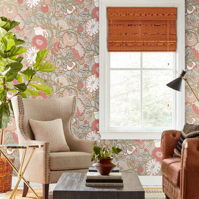 Poppies Grey & Pink Metallic Wallpaper - York Wallcoverings - GO8314 - York Wallcoverings Wallpaper
