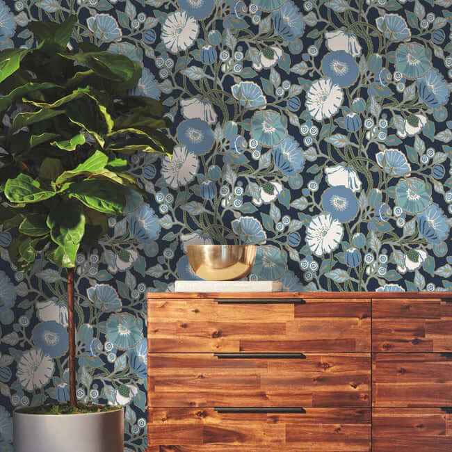 Poppies Black & Blue Metallic Wallpaper - York Wallcoverings - GO8312