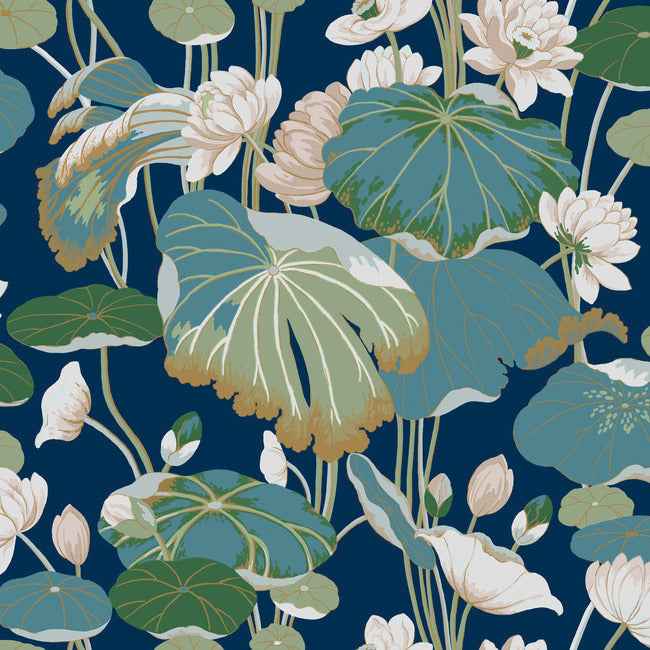 Lotus Pond Navy Metallic Wallpaper - York Wallcoverings - GO8295