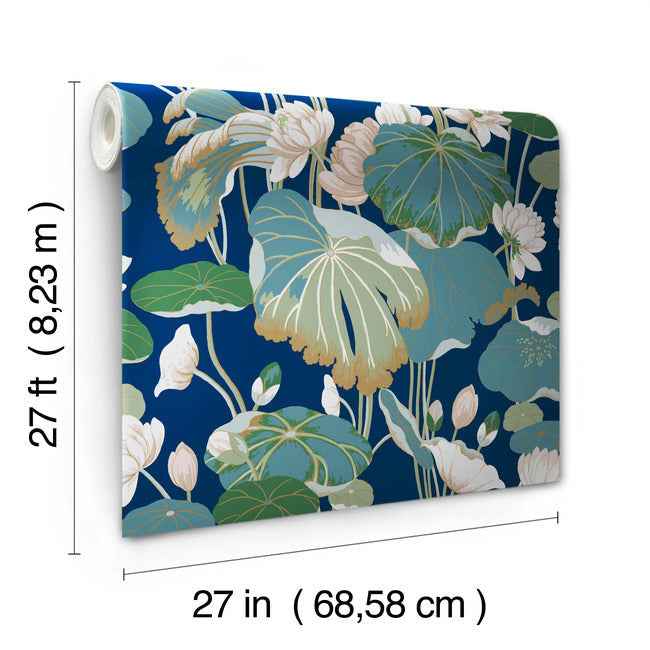 Lotus Pond Navy Metallic Wallpaper - York Wallcoverings - GO8295 - York Wallcoverings Wallpaper