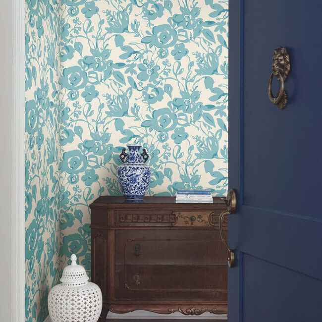Brushstroke Floral Aqua Wallpaper - York Wallcoverings - BL1736 - York Wallcoverings Wallpaper