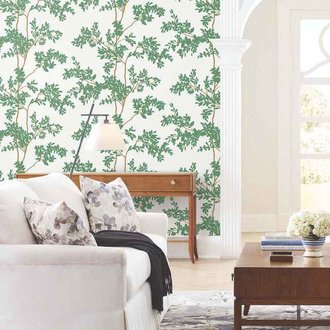 Lunaria Silhouette White & Green Wallpaper - York Wallcoverings - BL1801 - York Wallcoverings Wallpaper