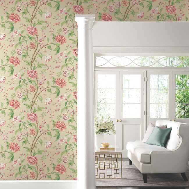Teahouse Floral Cream & Coral Wallpaper - York Wallcoverings - BL1781 - York Wallcoverings Wallpaper