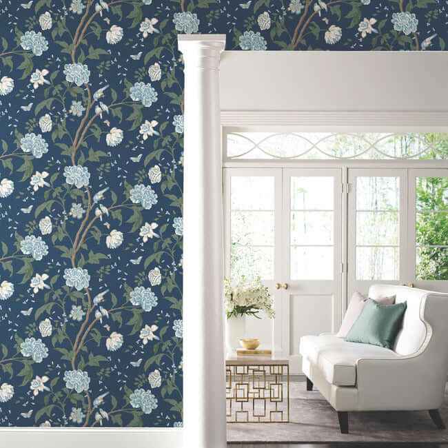 Teahouse Floral Navy Wallpaper - York Wallcoverings - BL1782 - York Wallcoverings Wallpaper