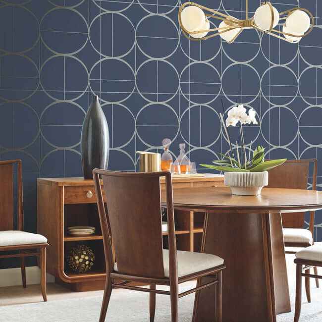 Sun Circles Blue & Silver Wallpaper - York Wallcoverings - MD7204