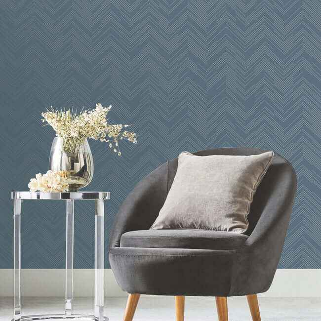 Polished Chevron Blue & Silver Wallpaper - York Wallcoverings - MD7224 - York Wallcoverings Wallpaper
