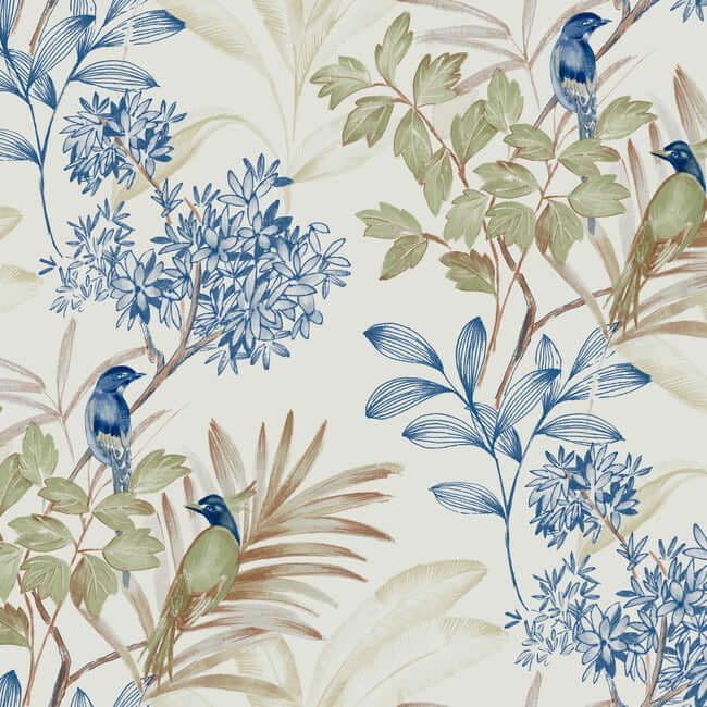 handpainted-songbird-green-blue-peel-stick-wallpaper-york-wallcoverings-psw1518rl - York Wallpaper Wallpaper