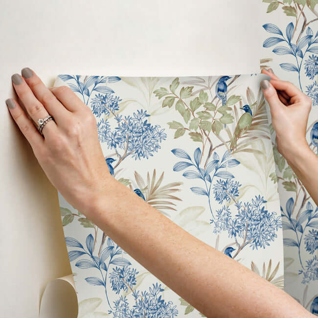 handpainted-songbird-green-blue-peel-stick-wallpaper-york-wallcoverings-psw1518rl - York Wallpaper Wallpaper