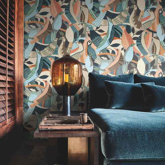 Fauvist Flock Coral & Aqua Wallpaper - York Wallcoverings - AG2016