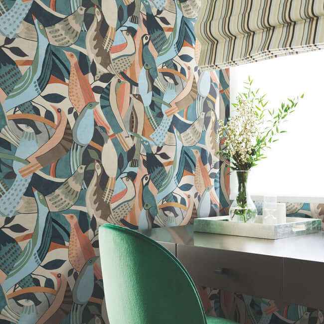 Fauvist Flock Coral & Aqua Wallpaper - York Wallcoverings - AG2016 - York Wallcoverings Wallpaper