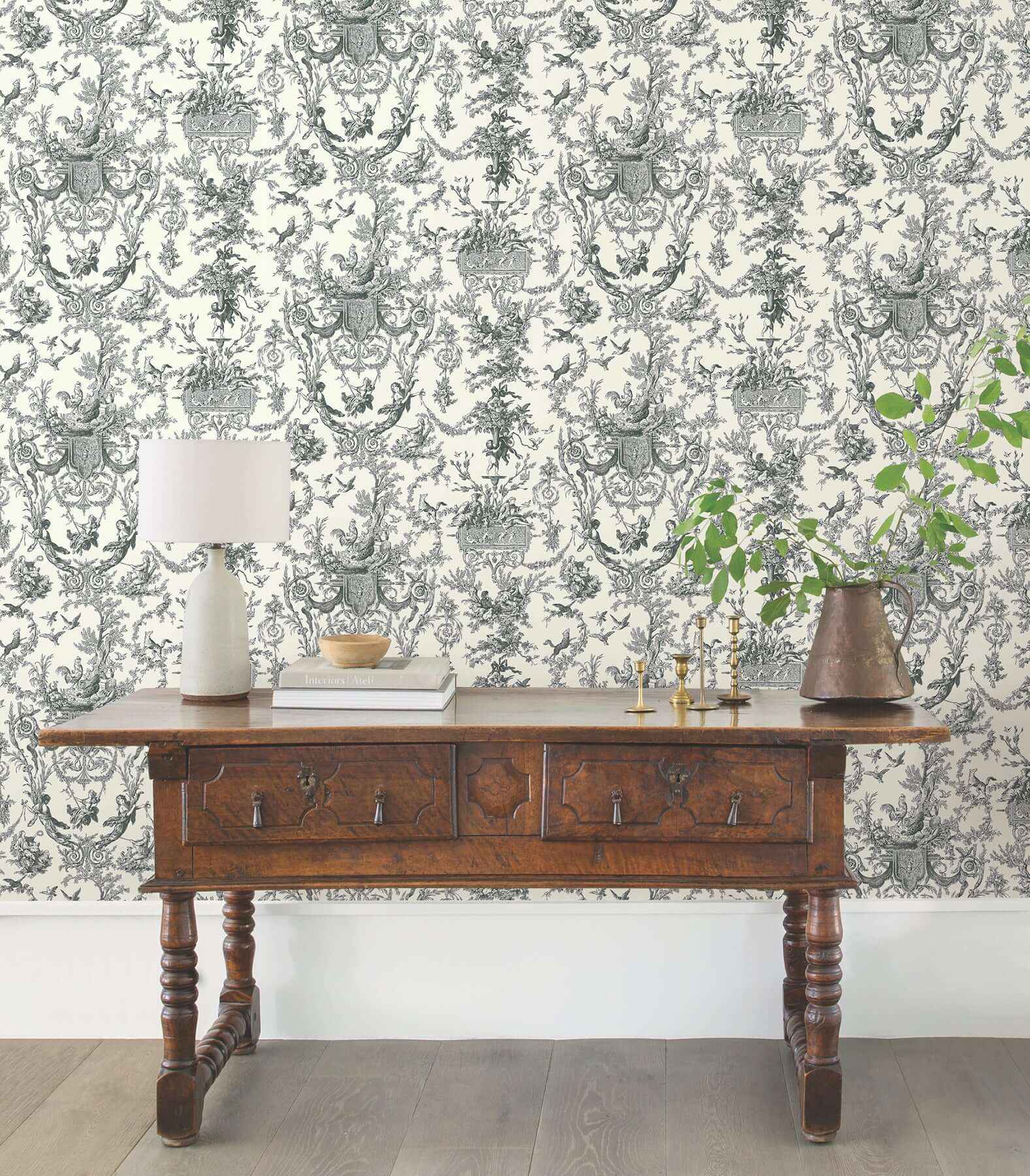 Old World Toile Black & White Wallpaper - York Wallcoverings - AT4237