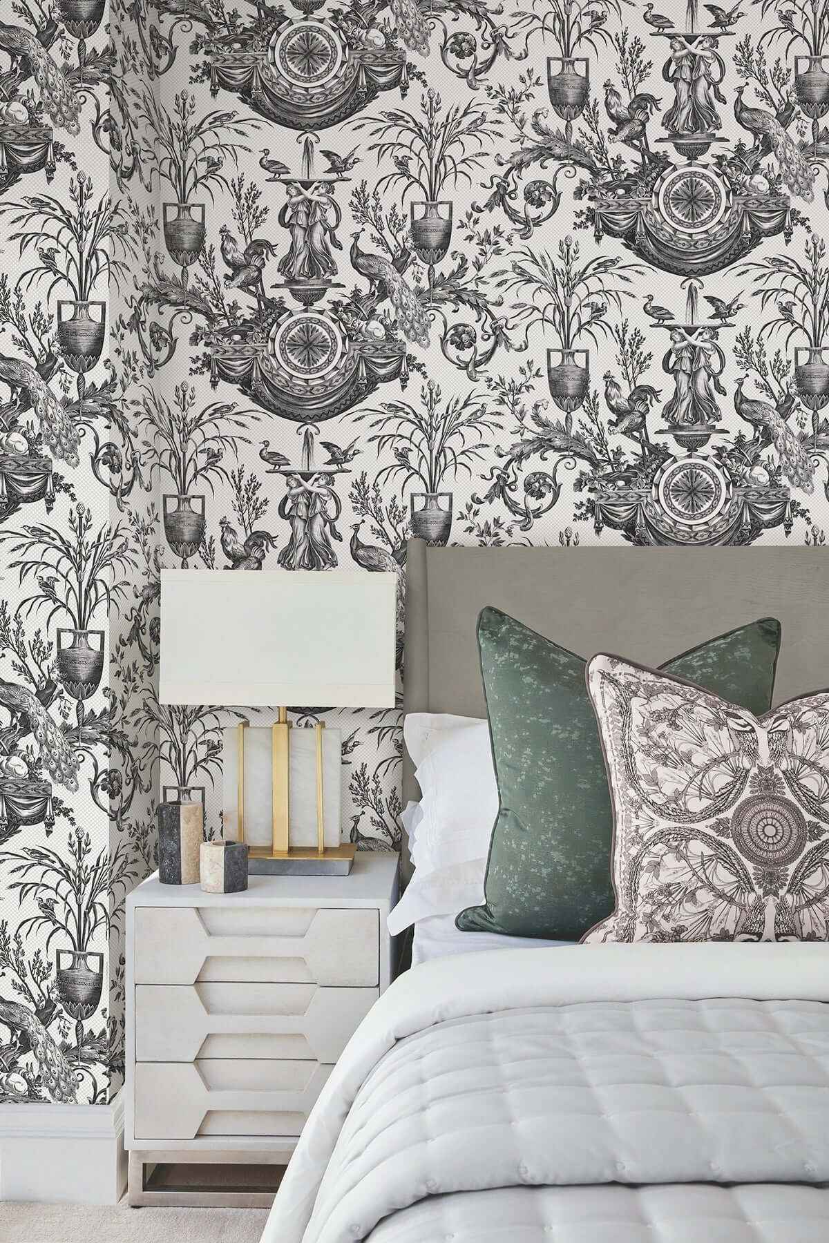 Avian Fountain Toile Black Wallpaper - York Wallcoverings - RT7813 - York Wallcoverings Wallpaper