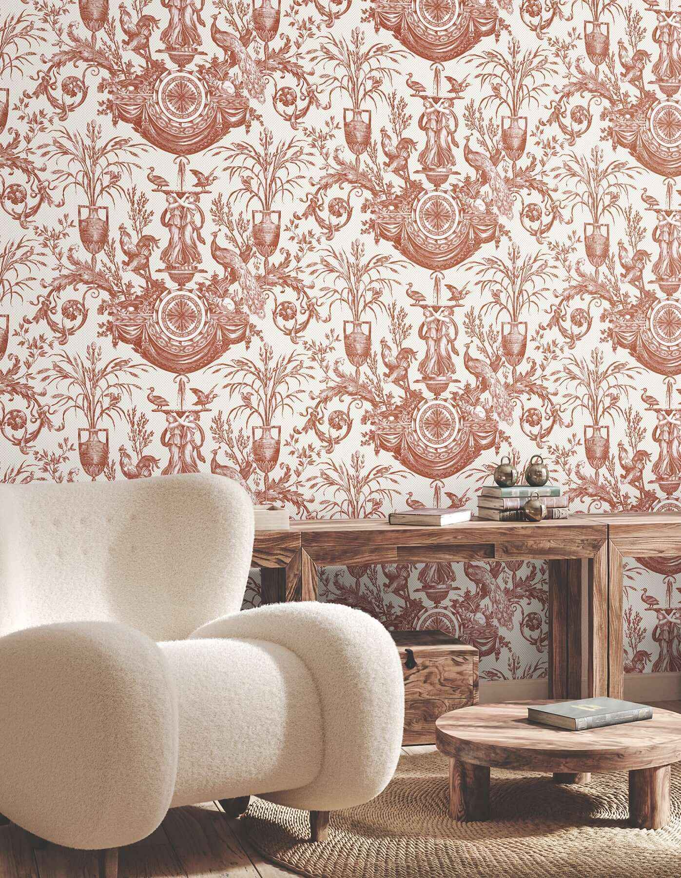 Avian Fountain Toile Brick Wallpaper - York Wallcoverings - RT7814 - York Wallcoverings Wallpaper