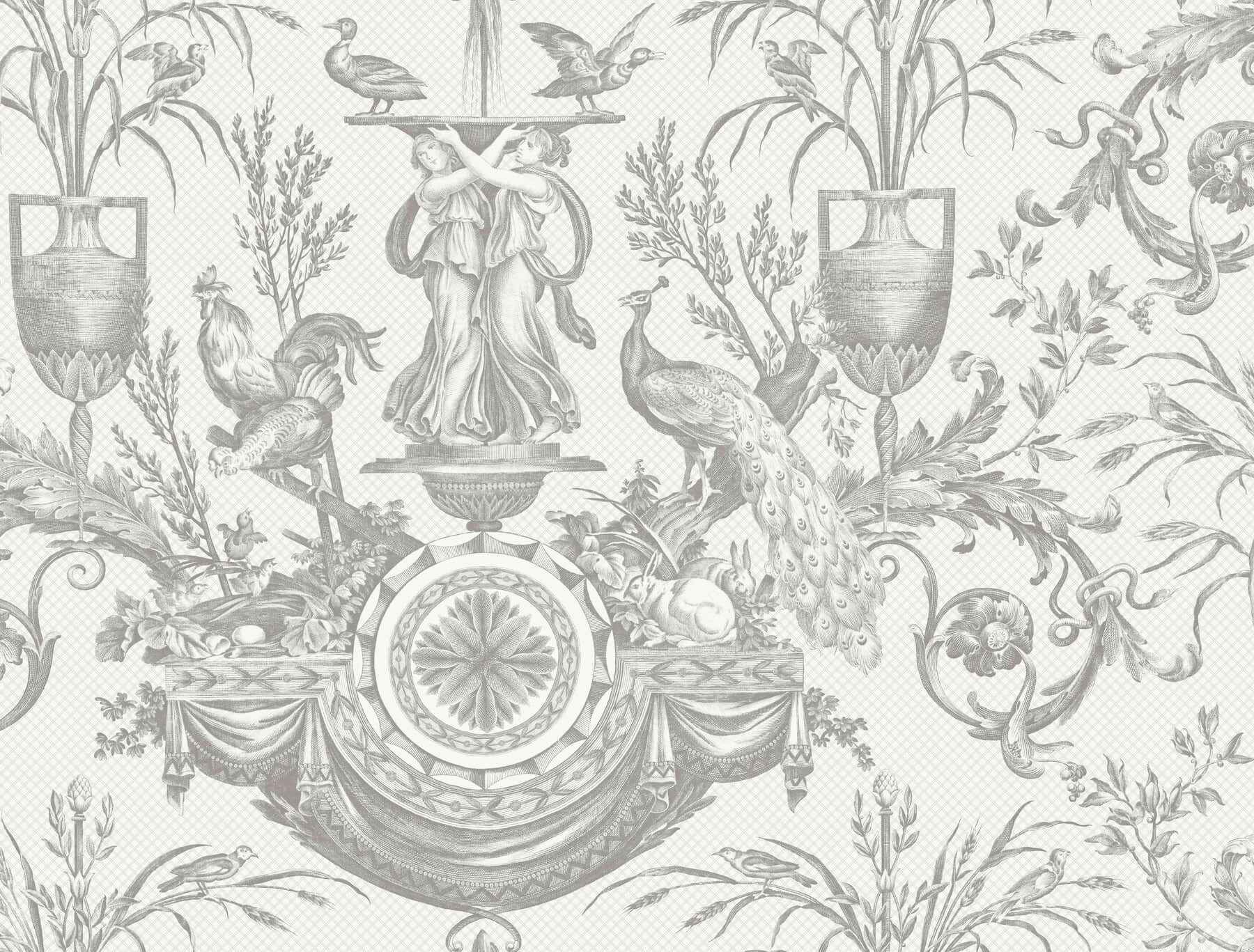 Avian Fountain Toile Grey Wallpaper - York Wallcoverings - RT7815 - York Wallcoverings Wallpaper