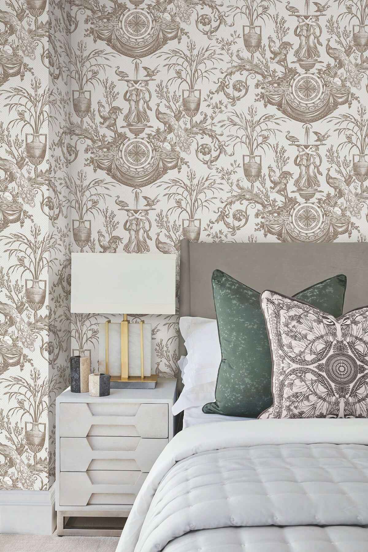 Avian Fountain Toile Mink Wallpaper - York Wallcoverings - RT7812 - York Wallcoverings Wallpaper