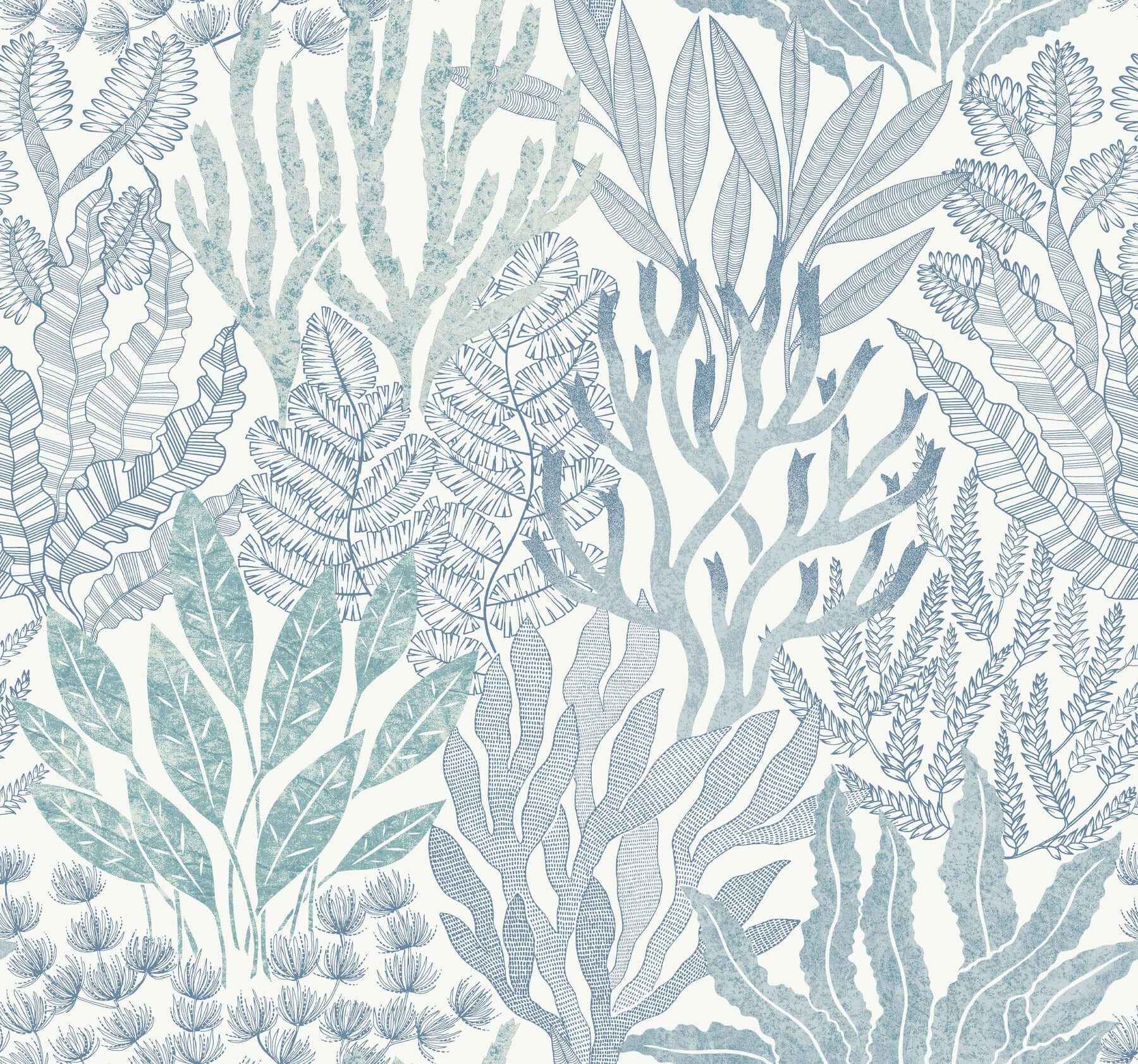 Coral Leaves Blue & Aqua Wallpaper - York Wallcoverings - RT7804