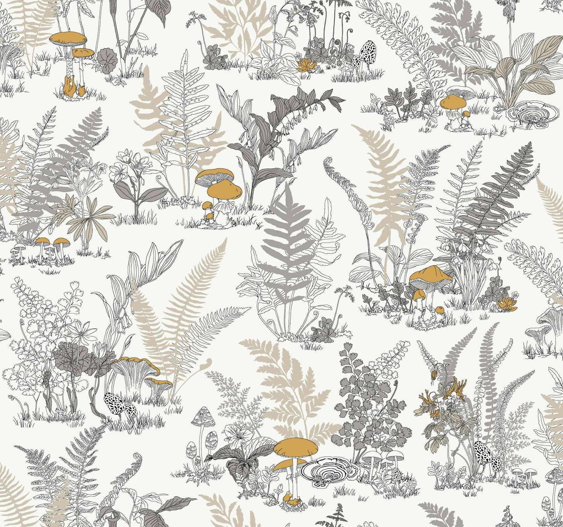 Mushroom Garden Toile Neutral & Gold Wallpaper - York Wallcoverings - RT7892