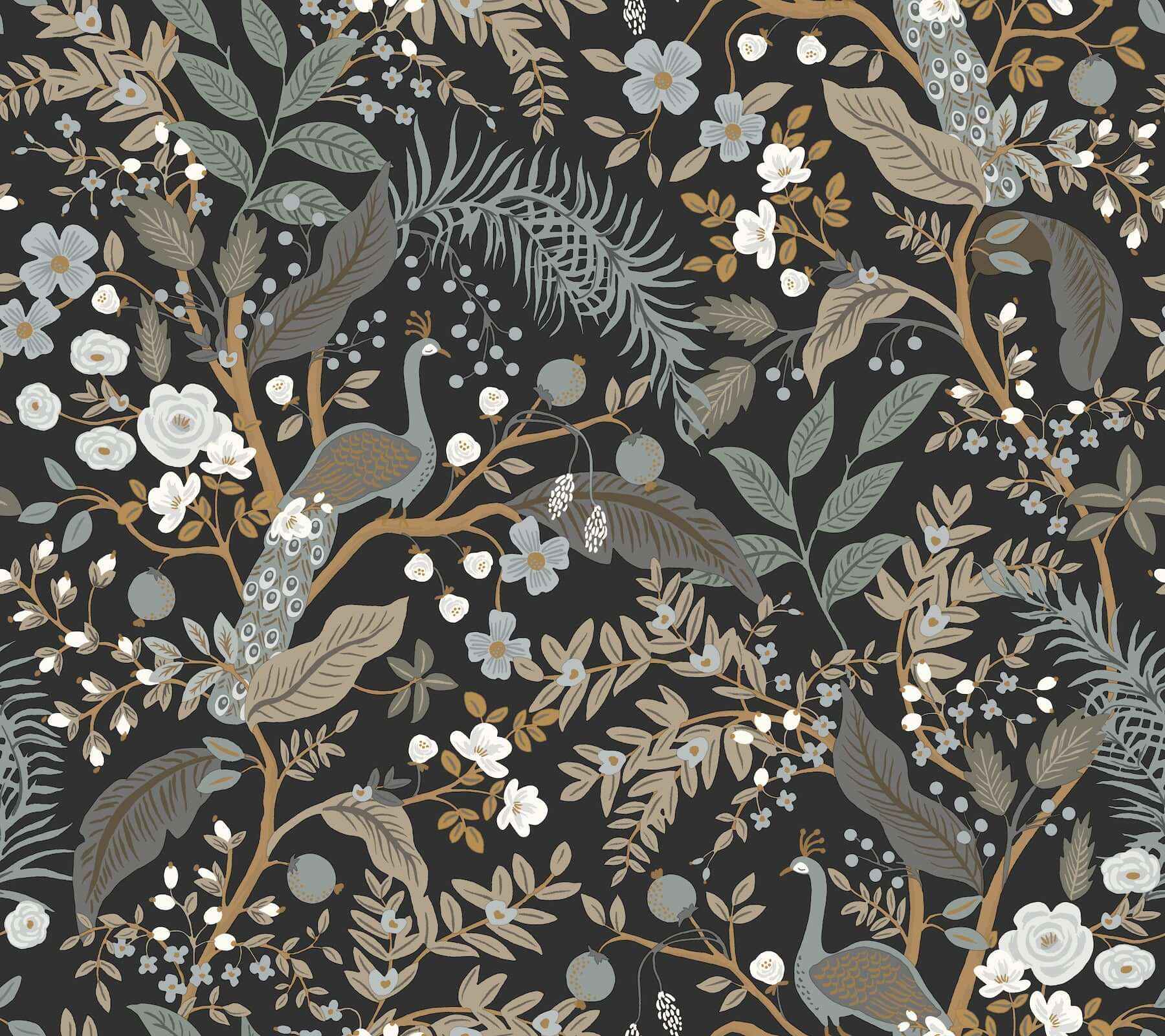 Peacock Garden Black Peel & Stick Wallpaper - York Wallcoverings - PSW1537RL
