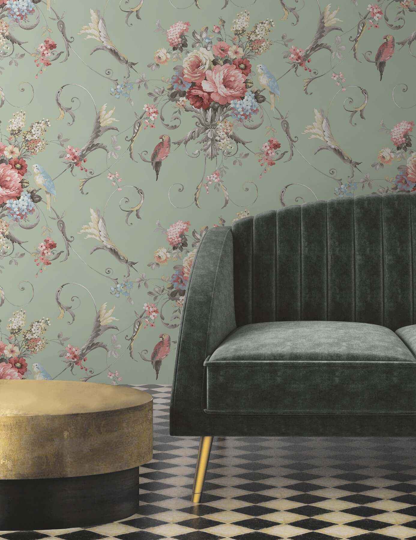 Parrots with Floral Bouquets Eucalyptus Peel & Stick Wallpaper - York Wallcoverings - PSW1361RL - York Wallcoverings Wallpaper