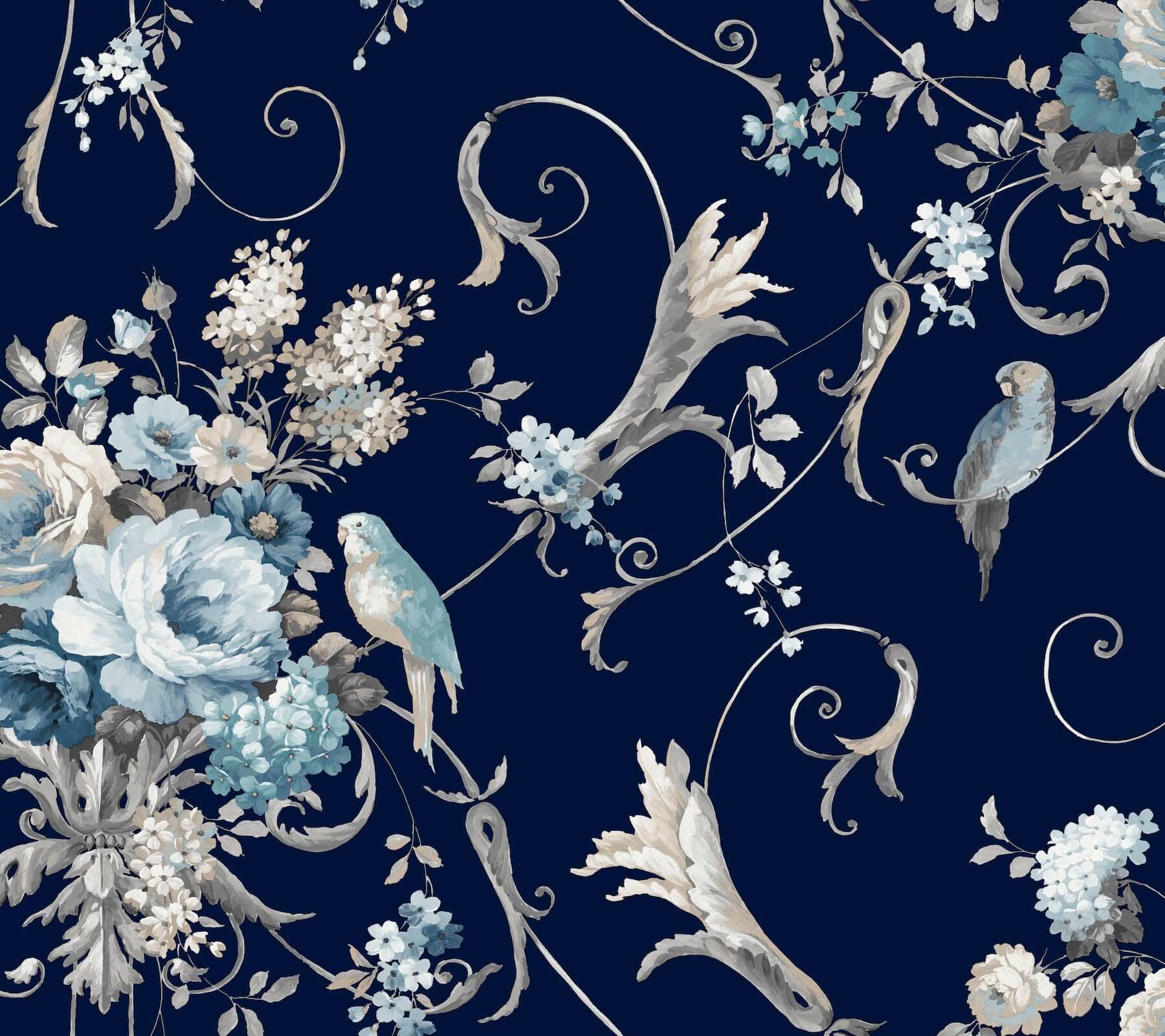 parrots-with-floral-bouquets-navy-peel-stick-wallpaper-york-wallcoverings-psw1360rl - York Wallpaper Wallpaper