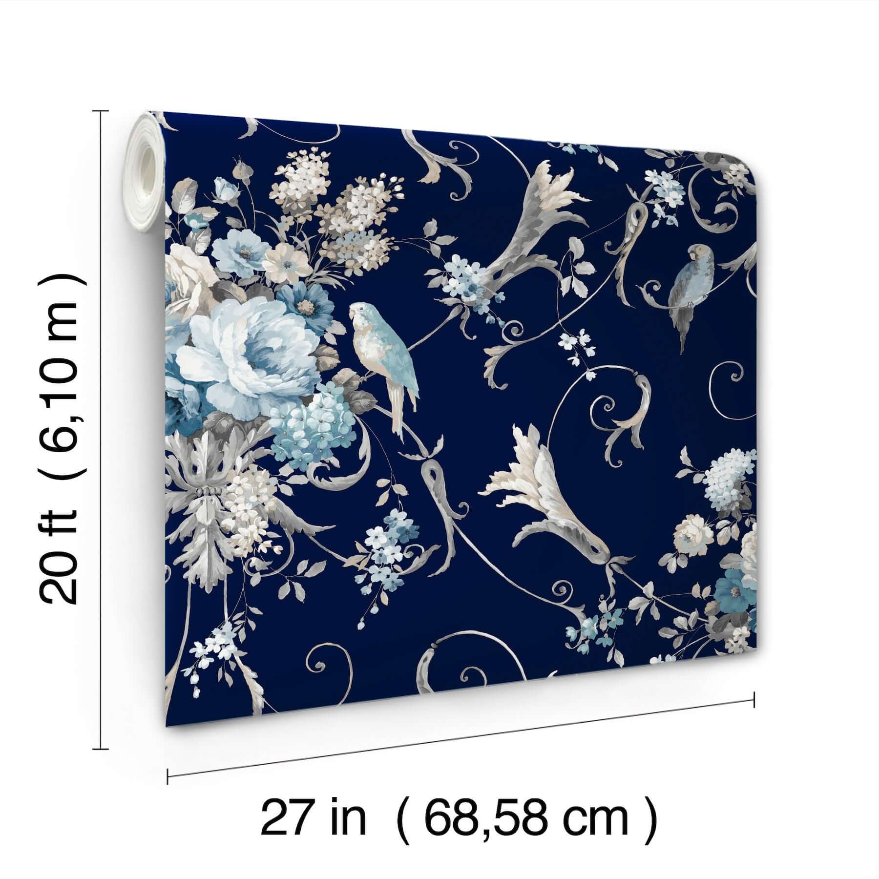 parrots-with-floral-bouquets-navy-peel-stick-wallpaper-york-wallcoverings-psw1360rl - York Wallpaper Wallpaper
