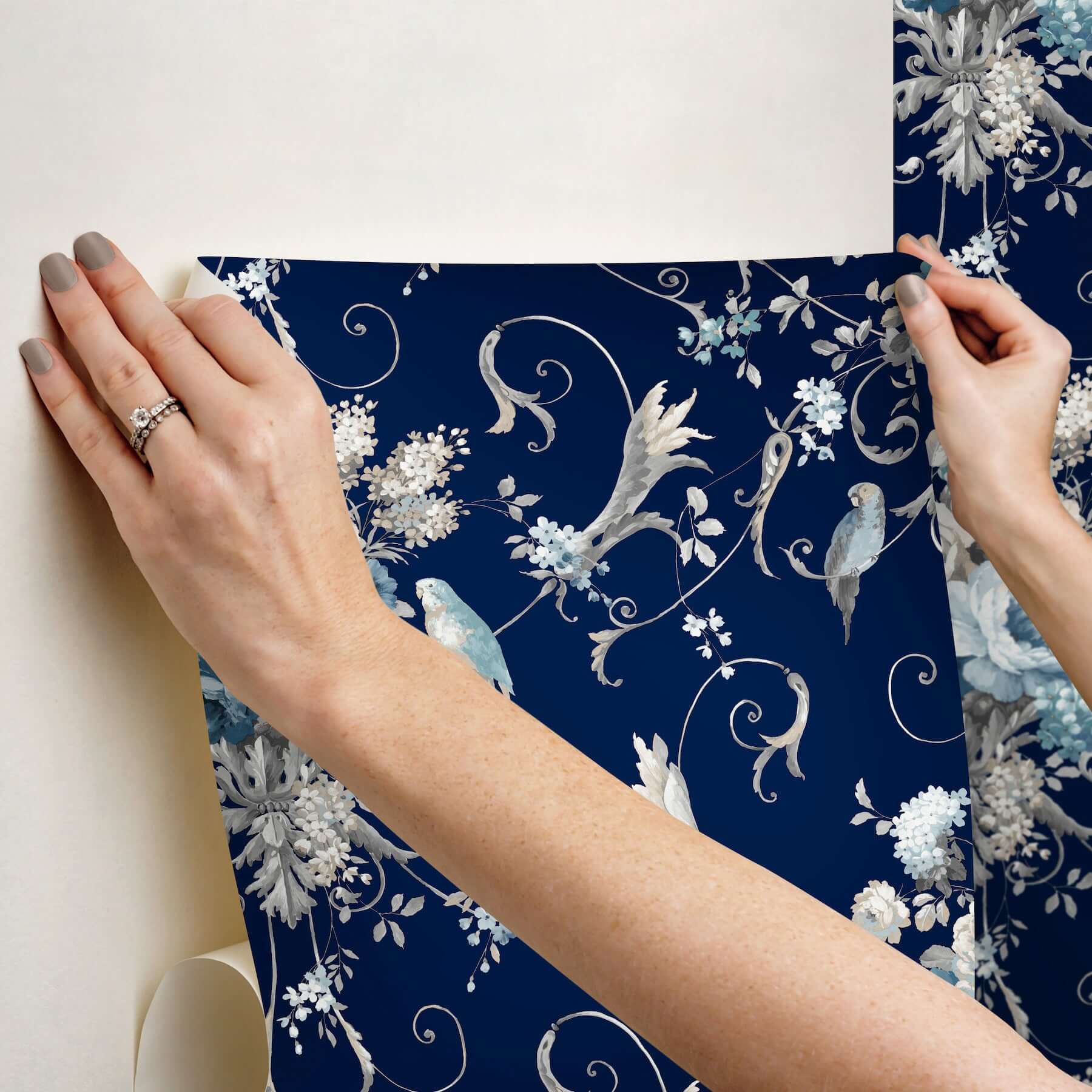 parrots-with-floral-bouquets-navy-peel-stick-wallpaper-york-wallcoverings-psw1360rl - York Wallpaper Wallpaper