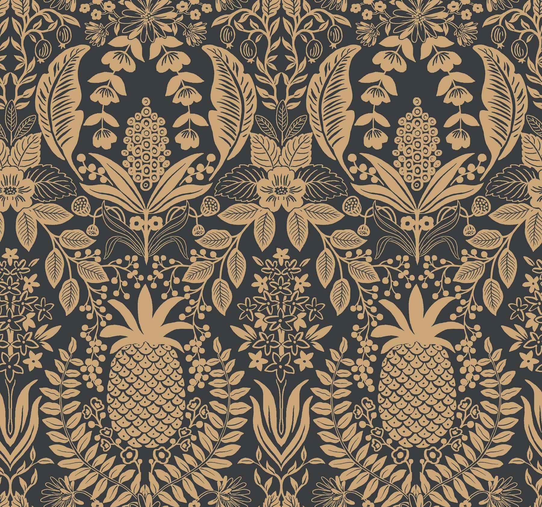 Pineapple Damask Black Wallpaper - York Wallcoverings - RF7483