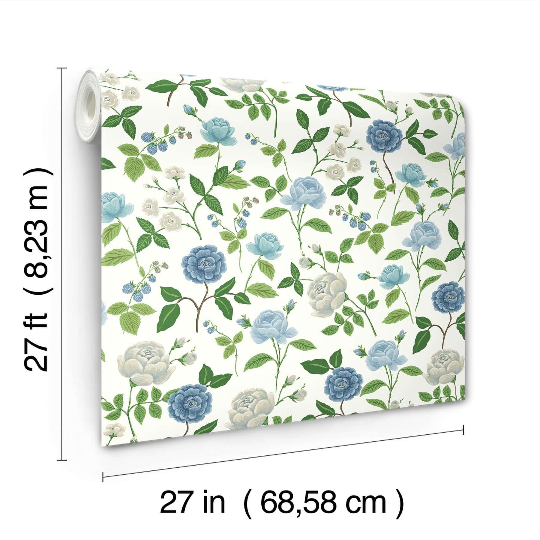 roses-wallpaper-white-blue-york-wallcoverings-rf7543 - York Wallcoverings Wallpaper