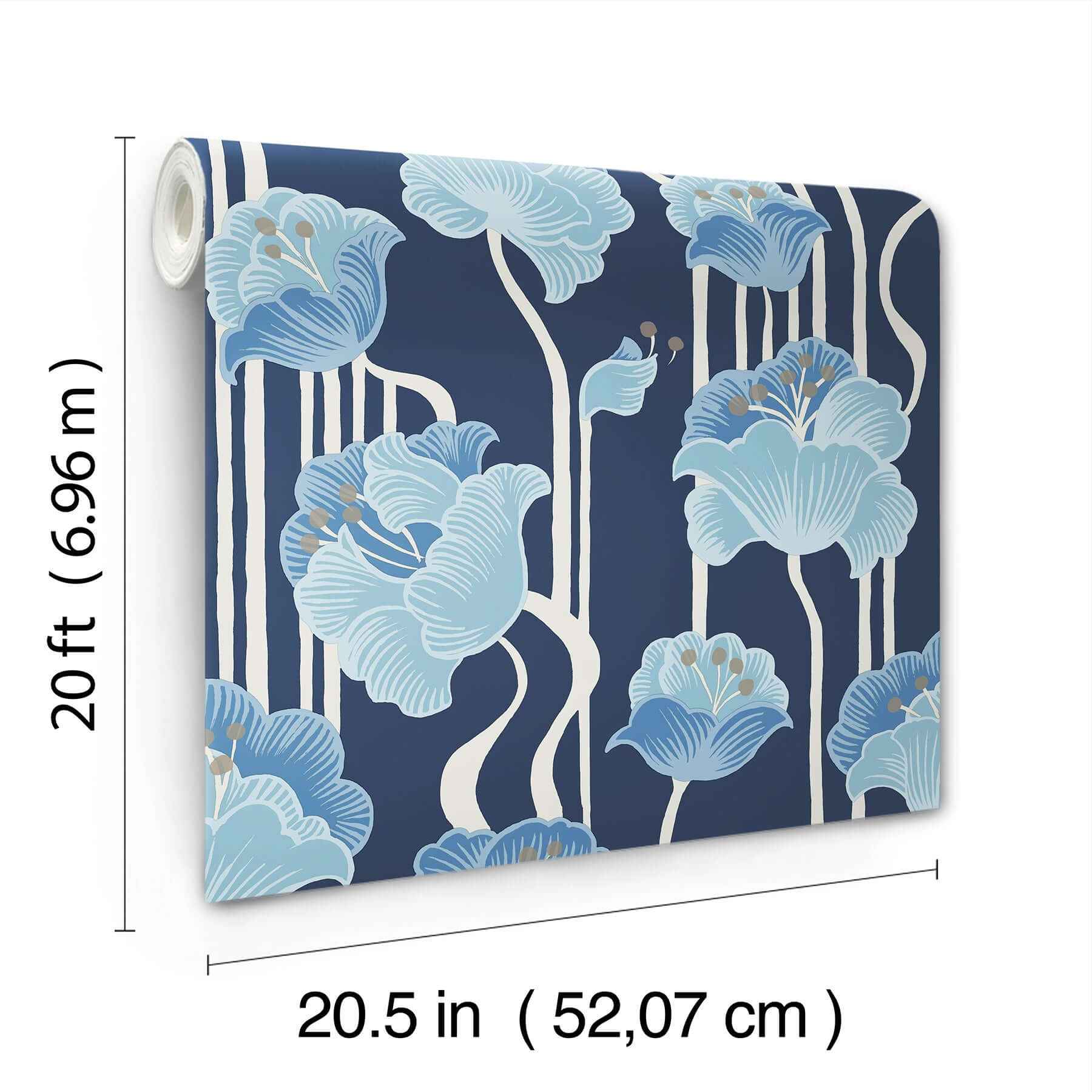 Shirley Blue Deco Floral Peel & Stick Wallpaper - York Wallcoverings - PSW1569RL - York Wallcoverings P&S Wallpaper
