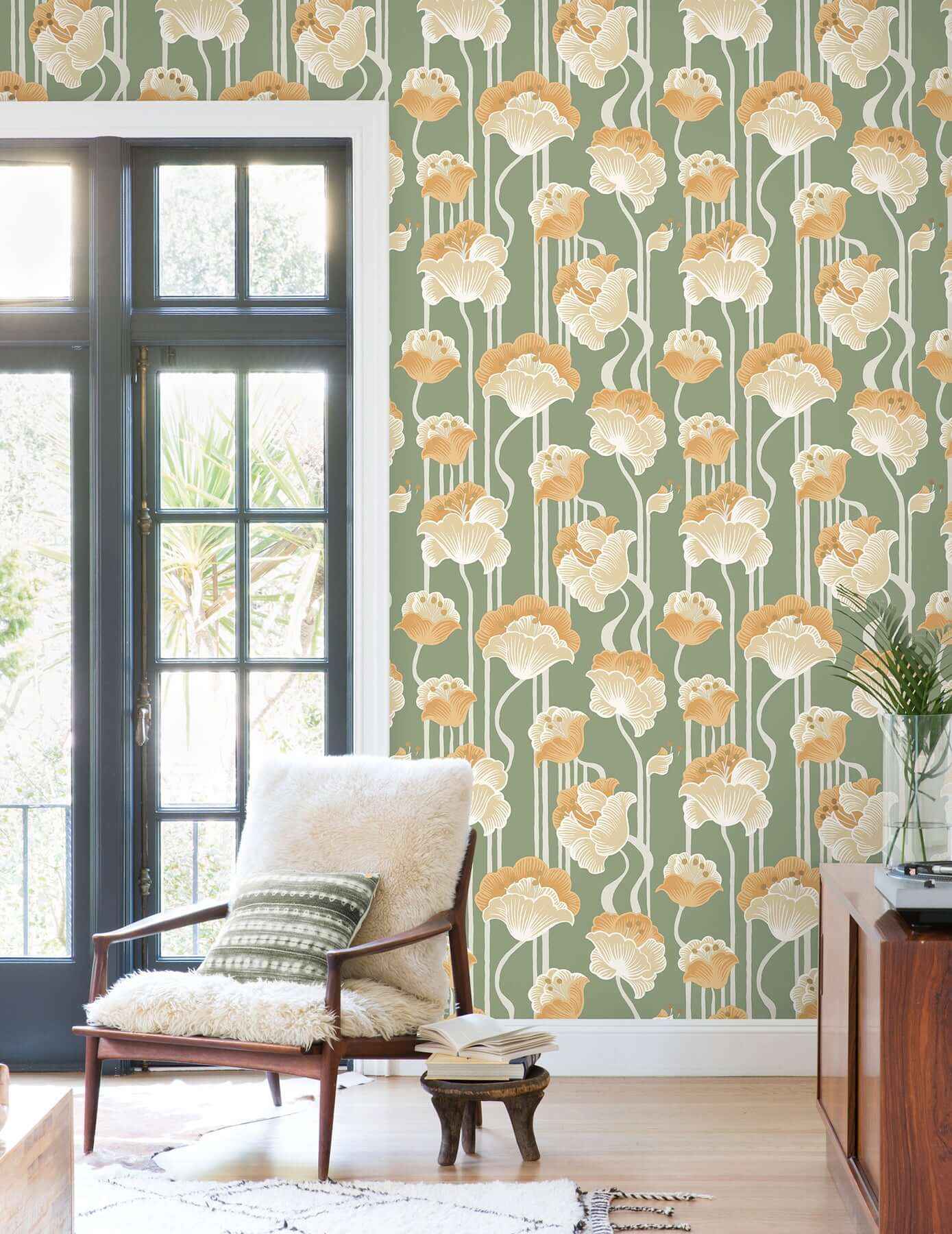 Shirley Green Deco Floral Peel & Stick Wallpaper - York Wallcoverings - PSW1570RL - York Wallcoverings P&S Wallpaper