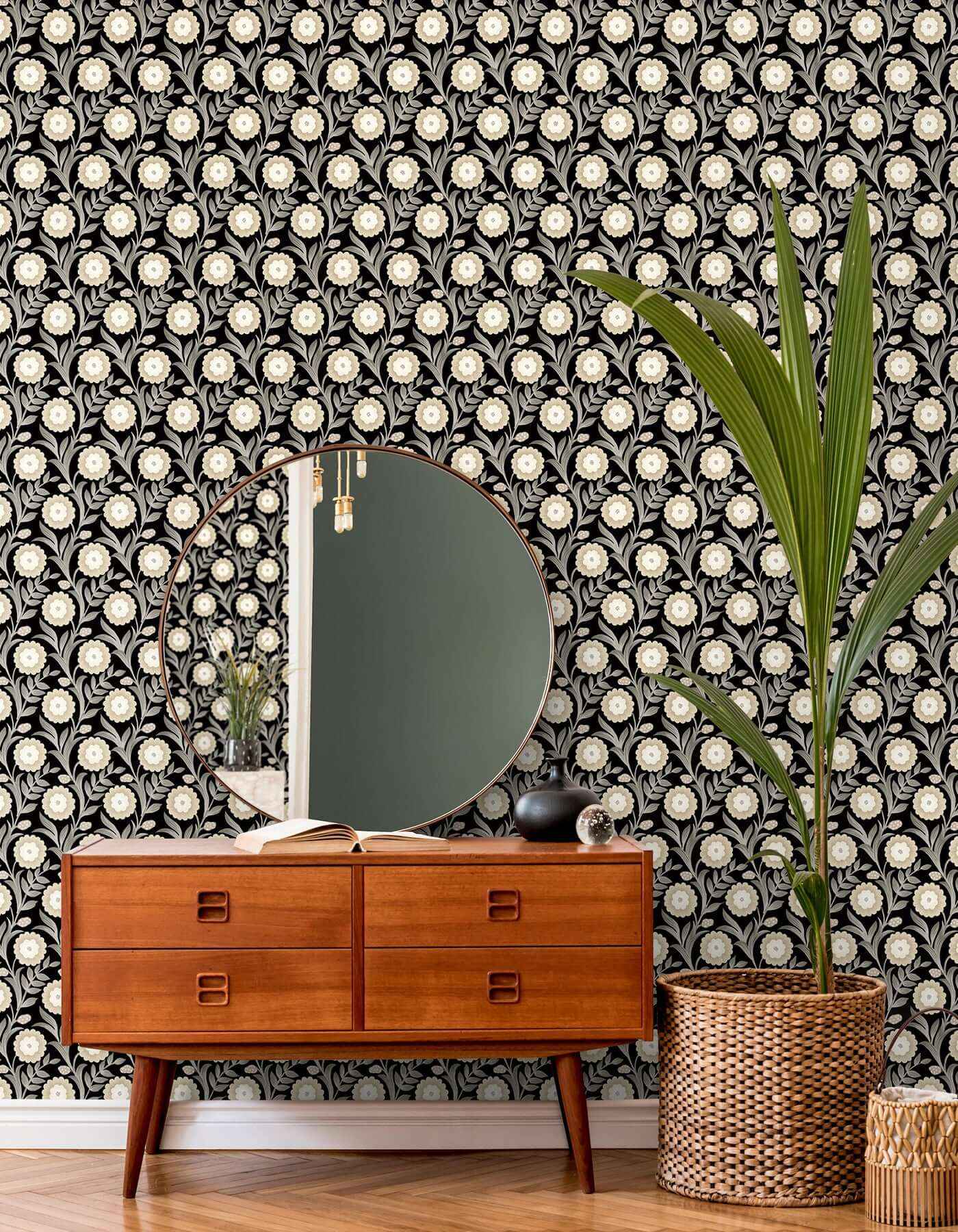 Lillian Black Floral Vine Peel & Stick Wallpaper - York Wallcoverings - PSW1581RL - York Wallcoverings P&S Wallpaper