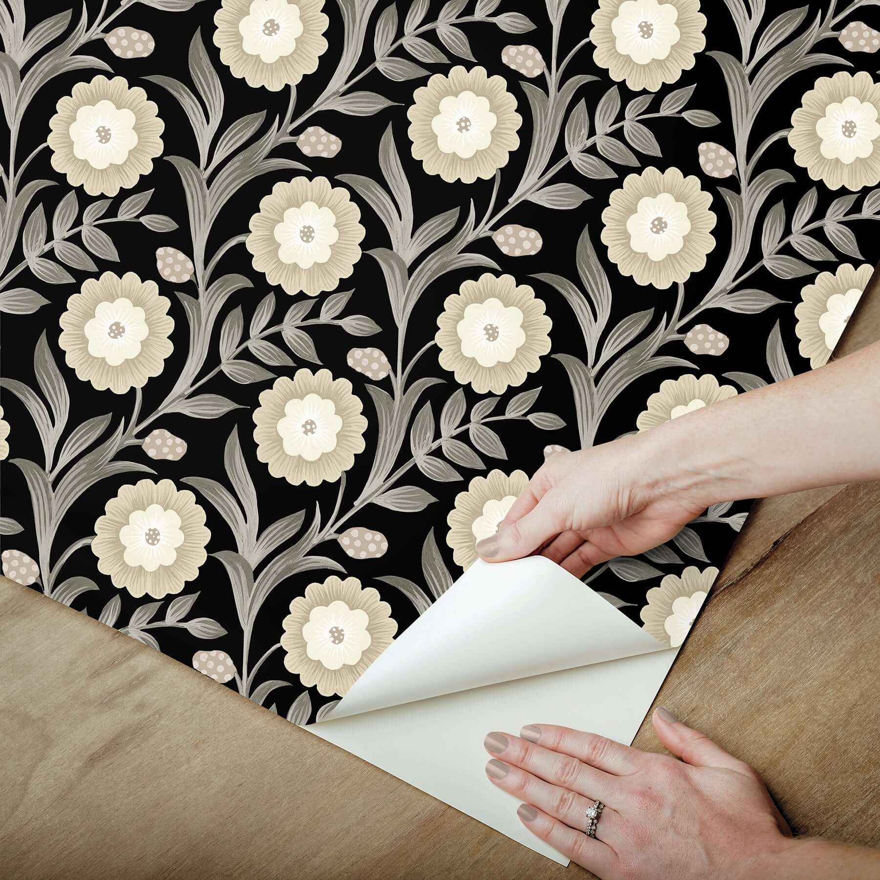 Lillian Black Floral Vine Peel & Stick Wallpaper - York Wallcoverings - PSW1581RL - York Wallcoverings P&S Wallpaper