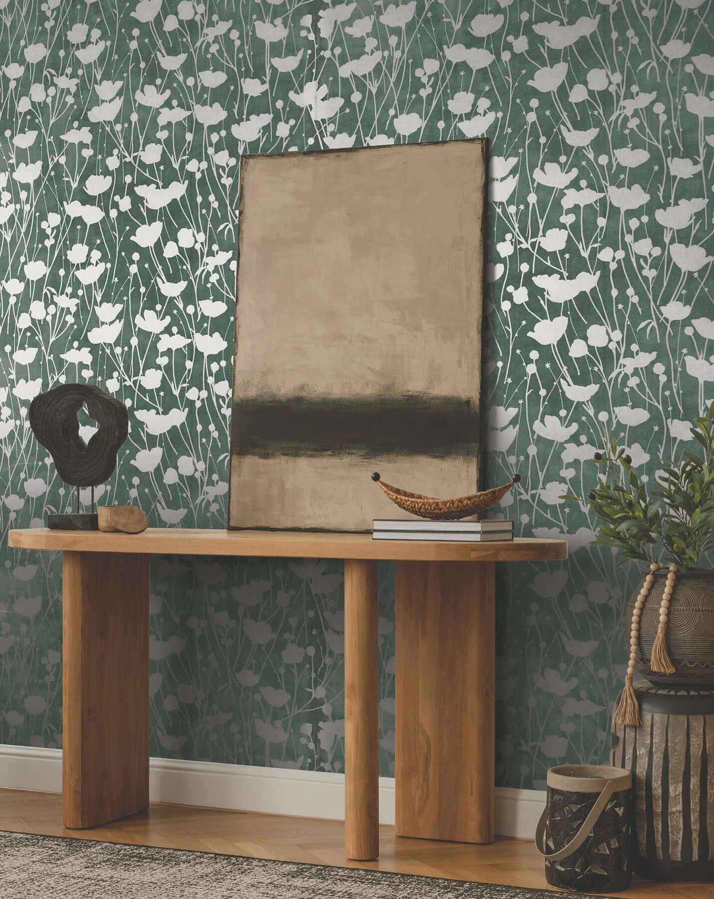 Shimmering Poppies Green & Silver Wallpaper - York Wallcoverings - ZA8068 - York Wallcoverings Wallpaper