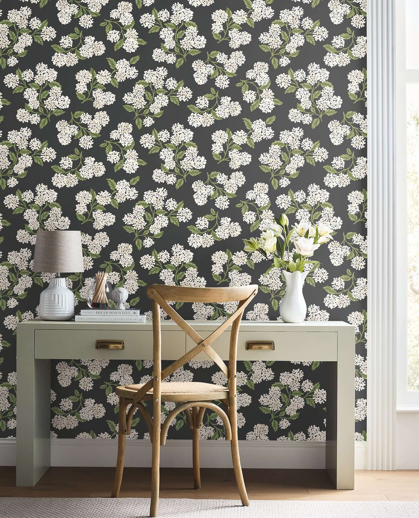 hydrangea-black-white-peel-stick-wallpaper-york-wallcoverings-psw1618rl - York Wallpaper Wallpaper