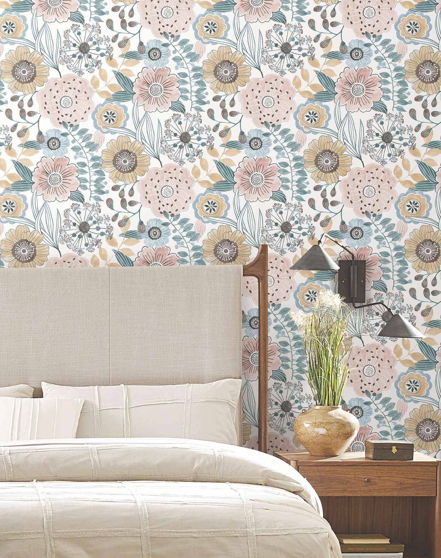 Artistic Bouquet Ochre & Ocean Wallpaper - York Wallcoverings - ZM2891