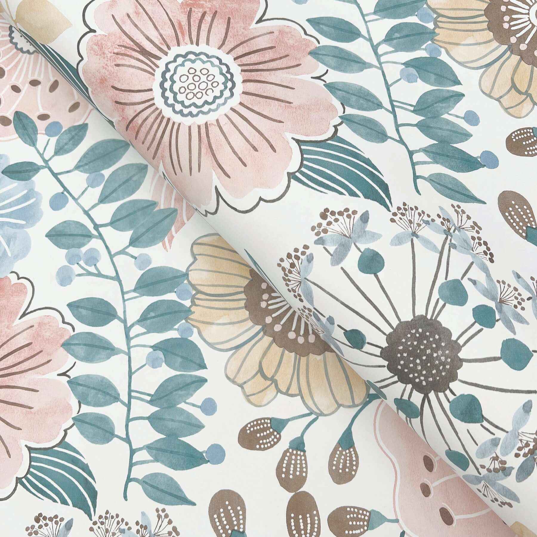 Artistic Bouquet Ochre & Ocean Wallpaper - York Wallcoverings - ZM2891 - York Wallcoverings Wallpaper