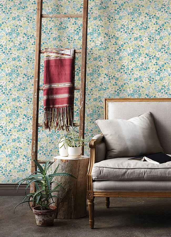 Wildflower Impressions Aqua Peel and Stick Wallpaper - York Wallcoverings - RMWS1253 - York Wallcoverings Wallpaper