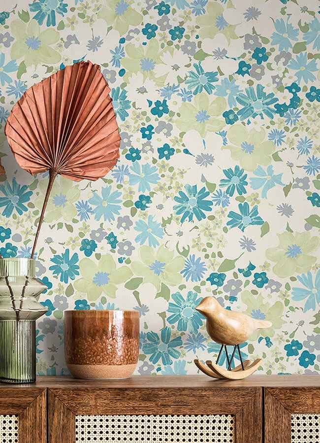 Wildflower Impressions Aqua Peel and Stick Wallpaper - York Wallcoverings - RMWS1253 - York Wallcoverings Wallpaper