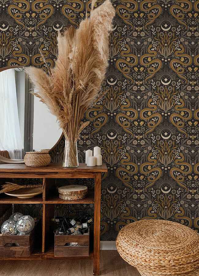 Mystic Serpent Black Gold Peel and Stick Wallpaper - York Wallcoverings - RMWS1255 - York Wallcoverings Wallpaper