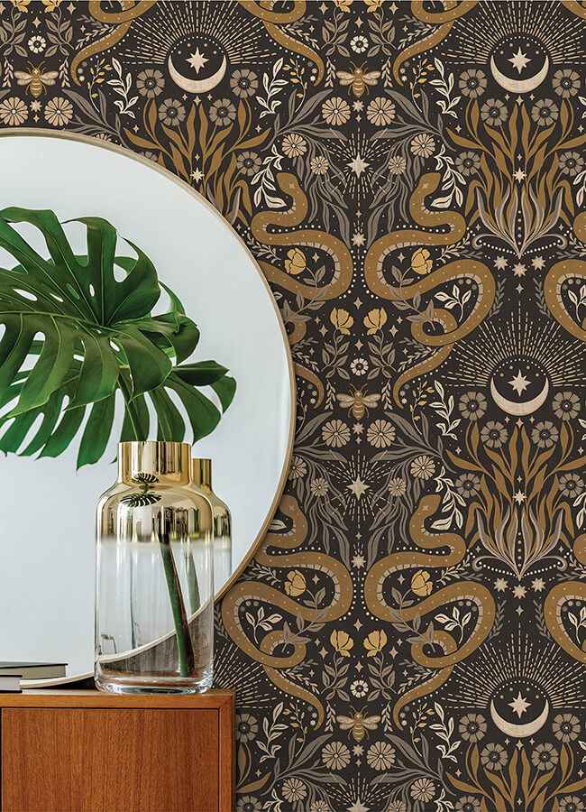 Mystic Serpent Black Gold Peel and Stick Wallpaper - York Wallcoverings - RMWS1255 - York Wallcoverings Wallpaper