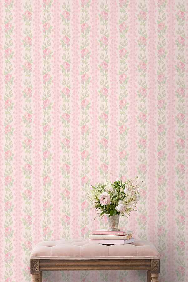 Blooming Heirloom Strawberry Macaron Rose Stripe Wallpaper - York Wallcoverings - AST6493 - York Wallcoverings Wallpaper
